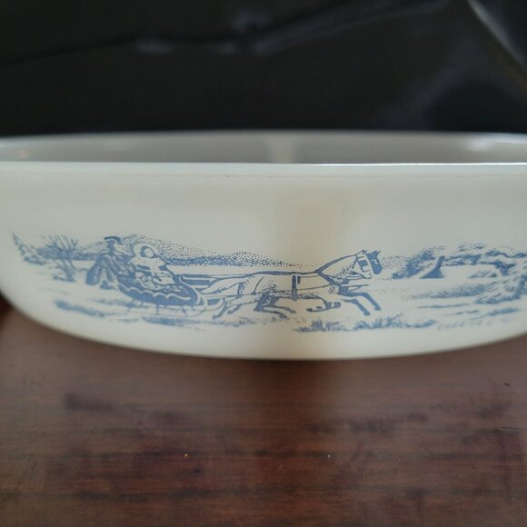 Vintage Glasbake Milk Glass Divided Dish With Blue Farm Scene Print - Picture 2 of 8